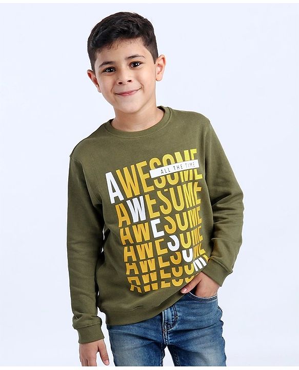 Pine Kids Full Sleeves Sweatshirt Text Print - Green