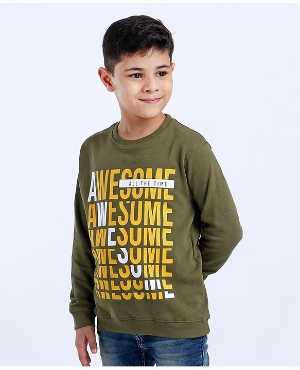 Pine Kids Full Sleeves Sweatshirt Text Print - Green