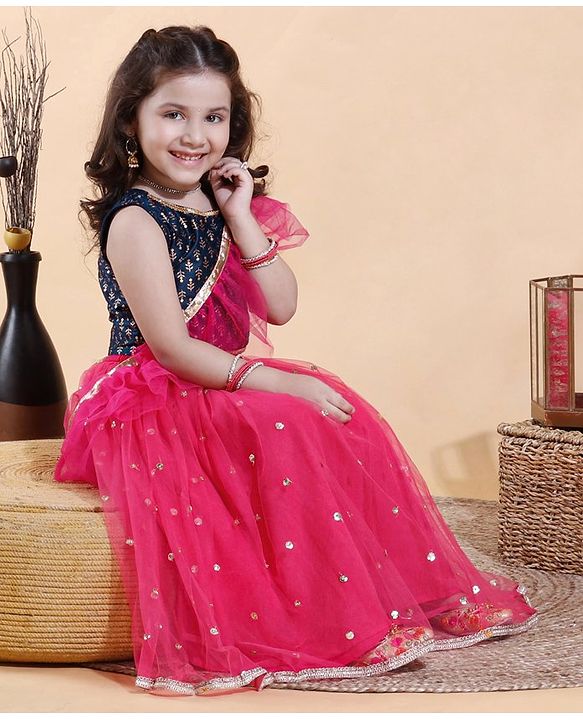 Babyhug Sleeveless Sequin Choli with Lehenga and Dupatta  - Blue Pink