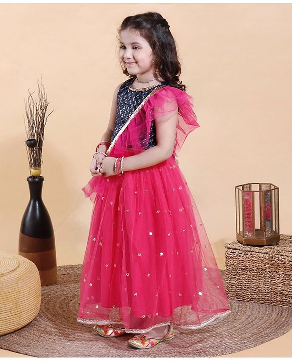 Babyhug Sleeveless Sequin Choli with Lehenga and Dupatta  - Blue Pink