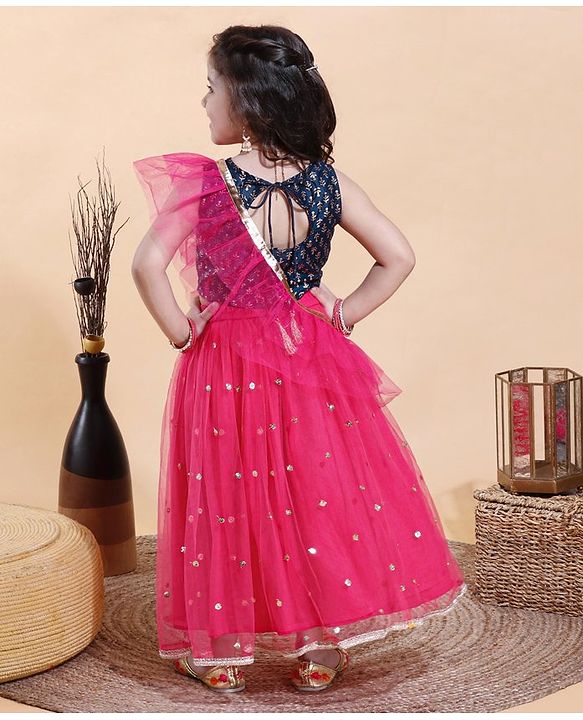 Babyhug Sleeveless Sequin Choli with Lehenga and Dupatta  - Blue Pink