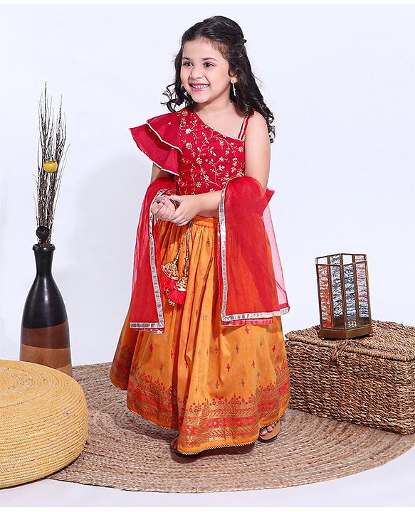Babyhug Flutter Sleeves Sequinned Choli & Lehenga With Dupatta Floral Print - Red Yellow