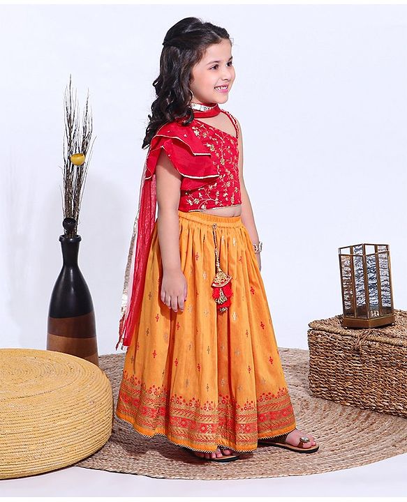 Babyhug Flutter Sleeves Sequinned Choli & Lehenga With Dupatta Floral Print - Red Yellow