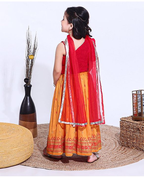 Babyhug Flutter Sleeves Sequinned Choli & Lehenga With Dupatta Floral Print - Red Yellow