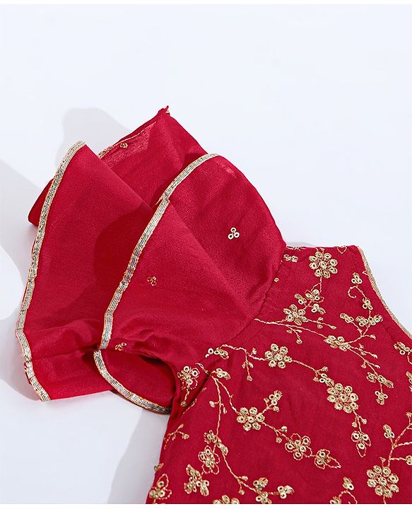 Babyhug Flutter Sleeves Sequinned Choli & Lehenga With Dupatta Floral Print - Red Yellow