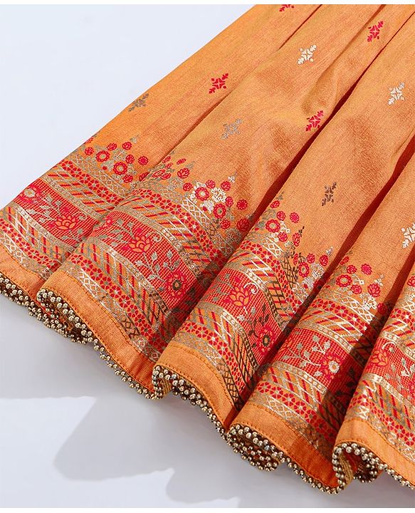 Babyhug Flutter Sleeves Sequinned Choli & Lehenga With Dupatta Floral Print - Red Yellow