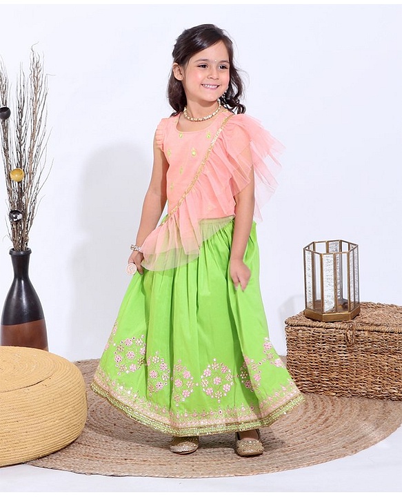 Babyhug Sleeveless Sequined Choli and Ghagra Set with Ruffled Dupatta - Pink