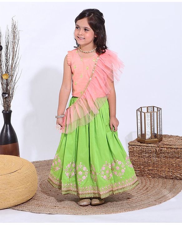 Babyhug Sleeveless Sequined Choli and Ghagra Set with Ruffled Dupatta - Pink
