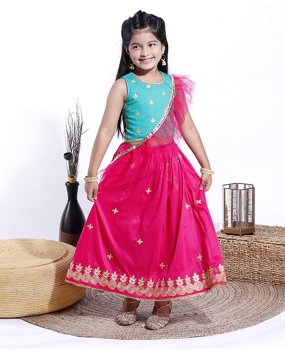 Babyhug Sleeveless Choli & Lehenga With Dupatta Embroidery - Turq Fuschia