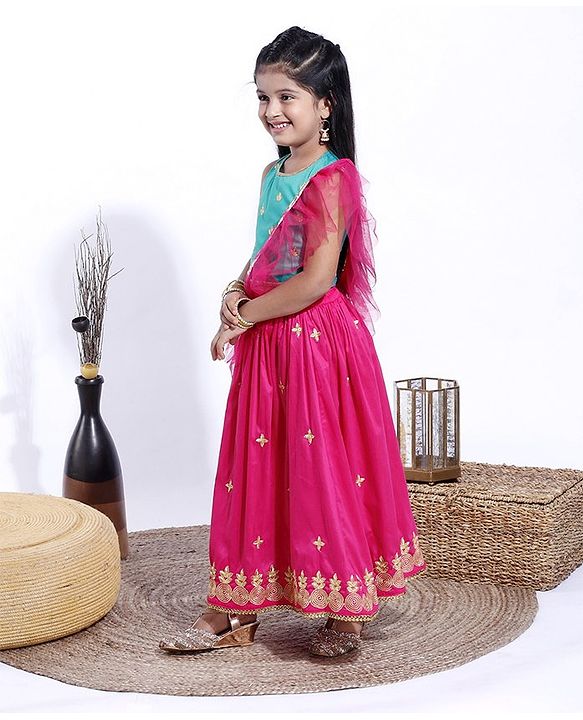Babyhug Sleeveless Choli & Lehenga With Dupatta Embroidery - Turq Fuschia