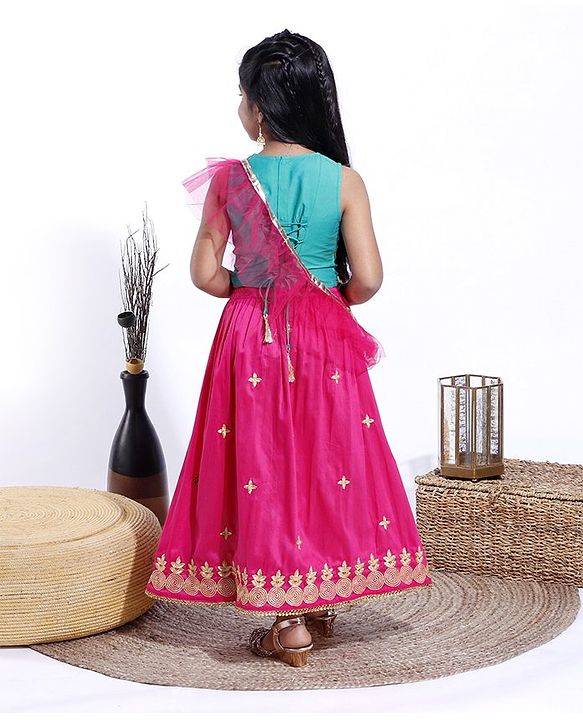Babyhug Sleeveless Choli & Lehenga With Dupatta Embroidery - Turq Fuschia