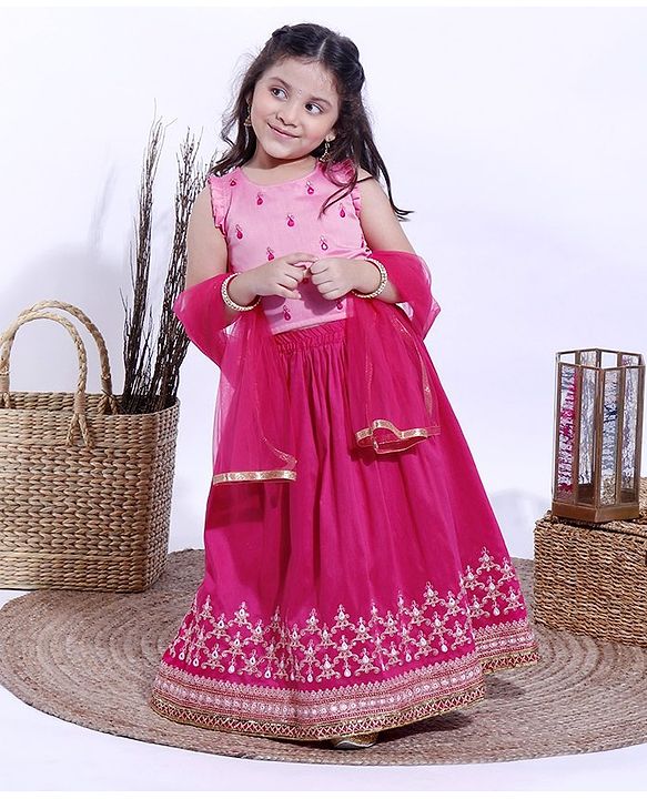 Babyhug Sleeveless Choli & Lehenga With Dupatta Embroidery - Pink