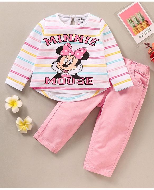 Babyhug Full Sleeves Striped Top & Pant Set Minnie Mouse Print- Pink