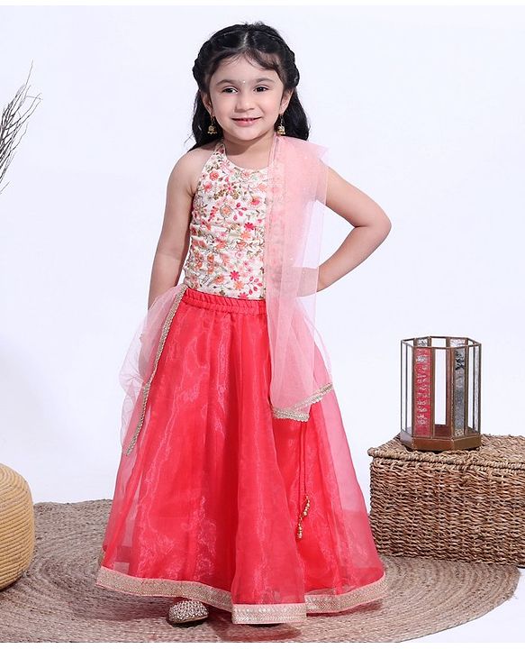 Babyhug Sleeveless Embroidered Choli & Net Lehenga with Dupatta - Coral