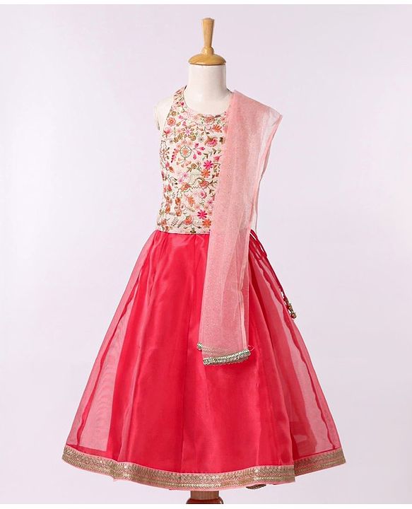 Babyhug Sleeveless Embroidered Choli & Net Lehenga with Dupatta - Coral