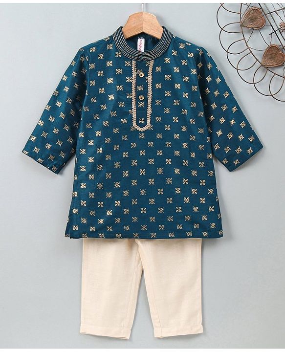 Babyhug Full Sleeves Printed Kurta & Pyjama - Blue Cream