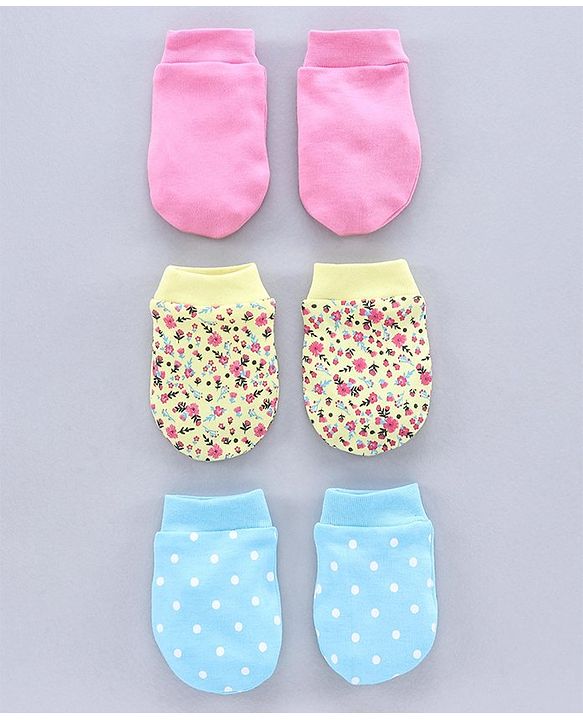 Babyhug 100% Cotton Mittens Solid Floral Printed Pack of 3 - Pink Yellow Blue
