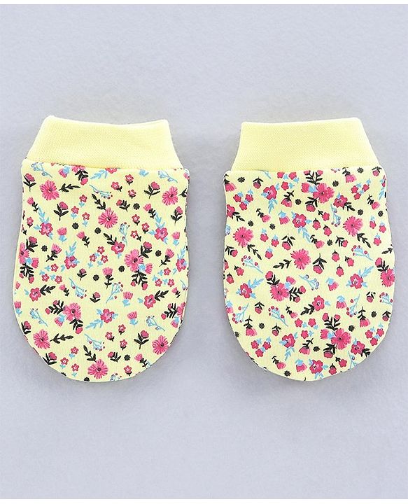 Babyhug 100% Cotton Mittens Solid Floral Printed Pack of 3 - Pink Yellow Blue