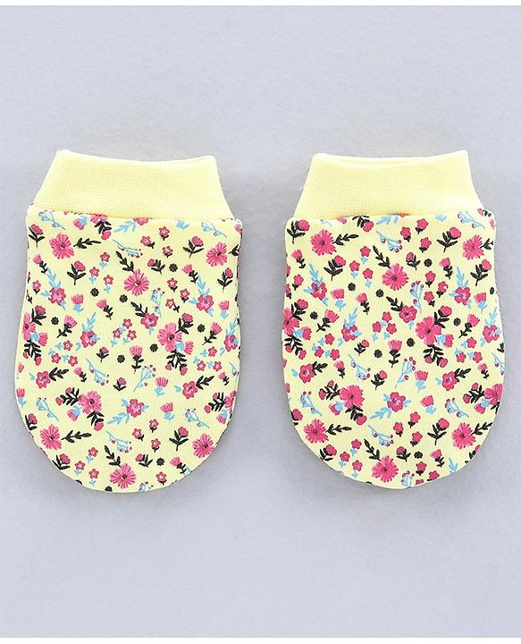 Babyhug 100% Cotton Mittens Solid Floral Printed Pack of 3 - Pink Yellow Blue