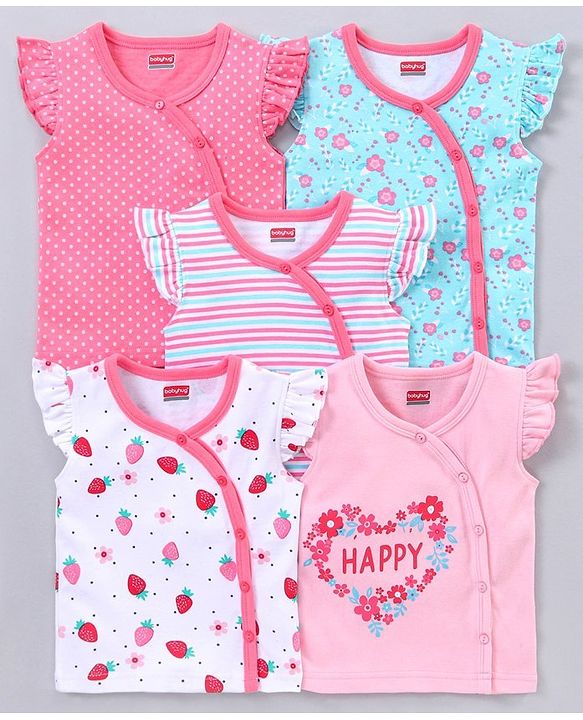Babyhug 100% Cotton Short Sleeve Vests Strawberry Print Pack of 5 - Blue White Pink