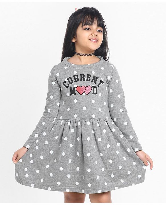 Pine Kids Full Sleeves Biowash Polka Dot Frock Current Mood Print - Grey