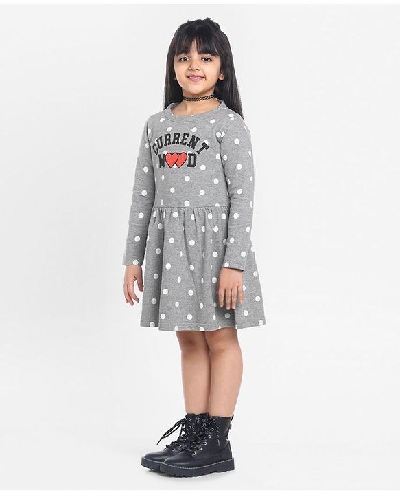 Pine Kids Full Sleeves Biowash Polka Dot Frock Current Mood Print - Grey