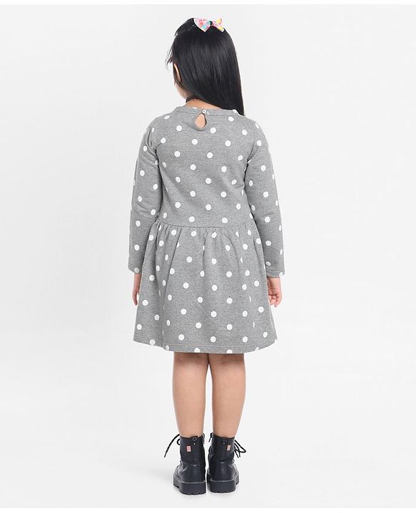 Pine Kids Full Sleeves Biowash Polka Dot Frock Current Mood Print - Grey