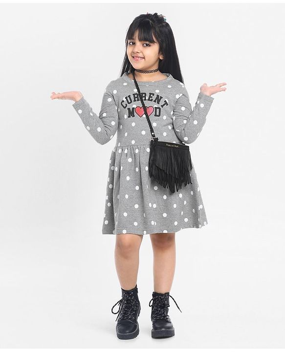 Pine Kids Full Sleeves Biowash Polka Dot Frock Current Mood Print - Grey