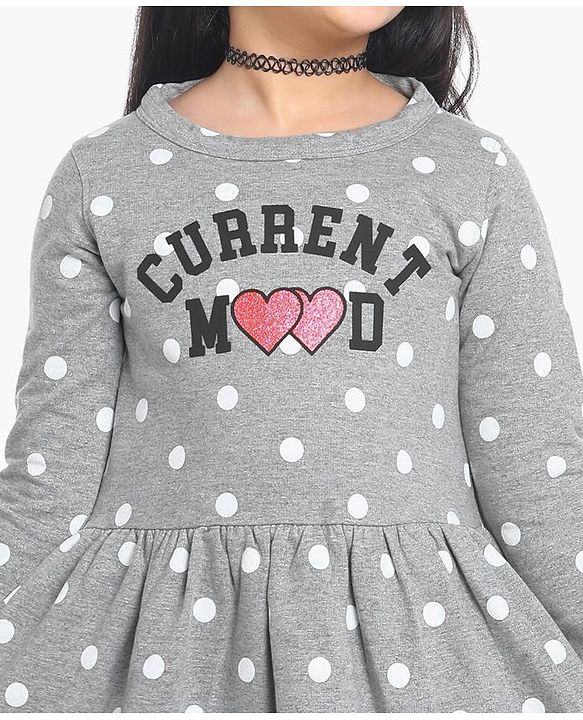 Pine Kids Full Sleeves Biowash Polka Dot Frock Current Mood Print - Grey