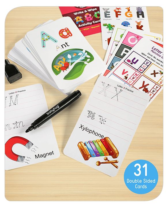 Babyhug Little Gems Jumbo Alphabets Write N Wipe Double Sided Activity Flash Cards with Excercise Book - 31 Pieces