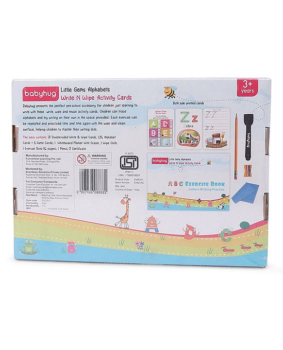Babyhug Little Gems Jumbo Alphabets Write N Wipe Double Sided Activity Flash Cards with Excercise Book - 31 Pieces
