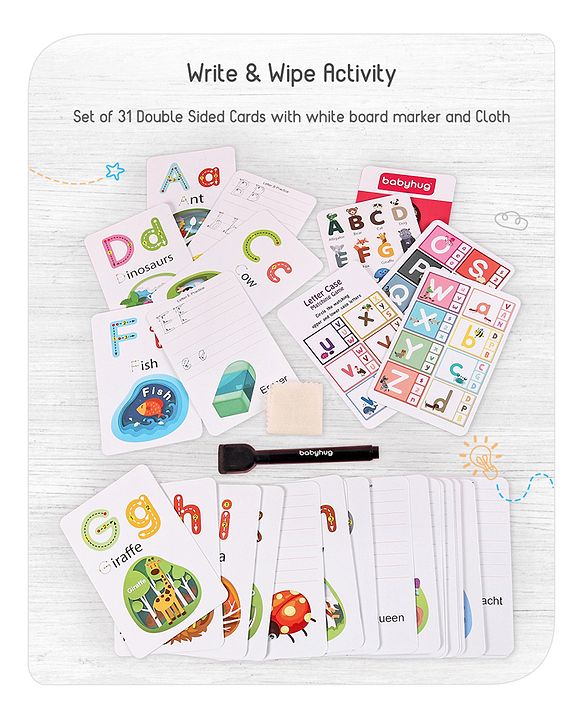 Babyhug Little Gems Jumbo Alphabets Write N Wipe Double Sided Activity Flash Cards with Excercise Book - 31 Pieces