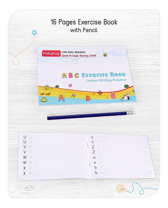 Babyhug Little Gems Jumbo Alphabets Write N Wipe Double Sided Activity Flash Cards with Excercise Book - 31 Pieces