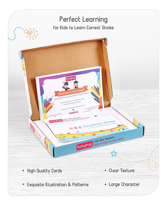 Babyhug Little Gems Jumbo Alphabets Write N Wipe Double Sided Activity Flash Cards with Excercise Book - 31 Pieces