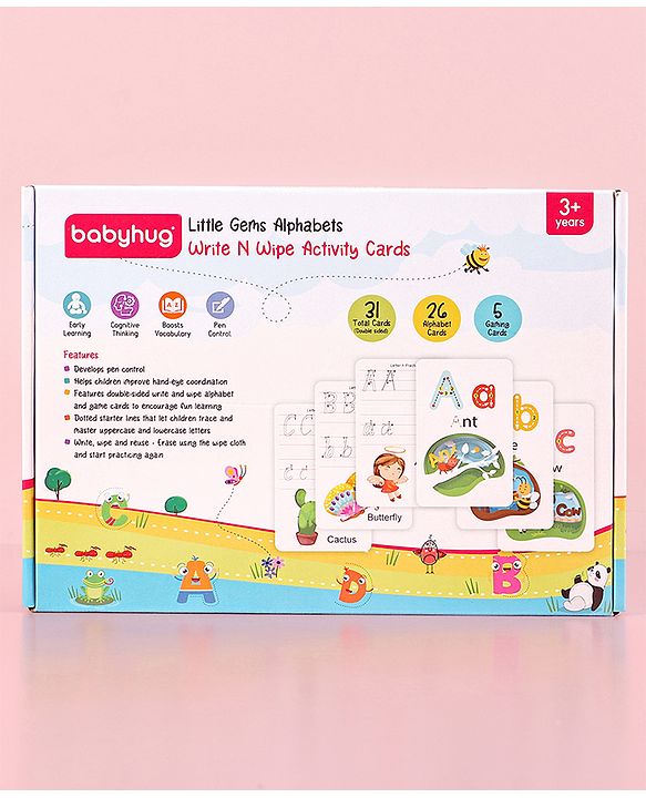 Babyhug Little Gems Jumbo Alphabets Write N Wipe Double Sided Activity Flash Cards with Excercise Book - 31 Pieces