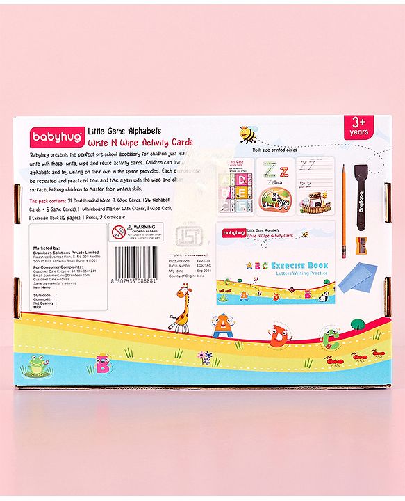 Babyhug Little Gems Jumbo Alphabets Write N Wipe Double Sided Activity Flash Cards with Excercise Book - 31 Pieces