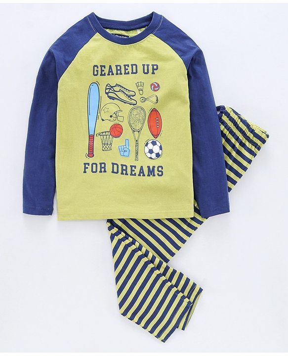 Pine Kids Full Sleeves Bio Wash Night Suit Sports Print - Green Blue