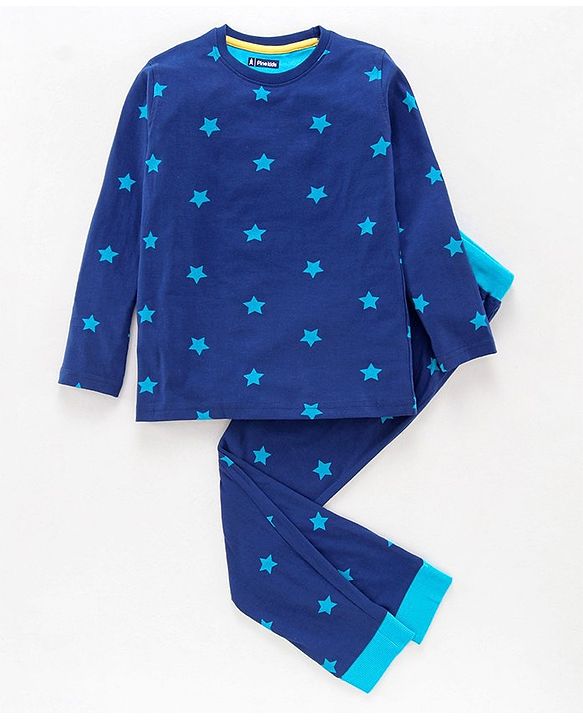 Pine Kids Full Sleeves Biowash Printed Night Suit - Blue