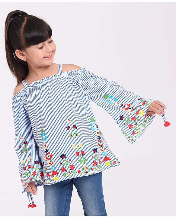 Babyhug Cold Shoulde Stripe Top Floral Print - Blue