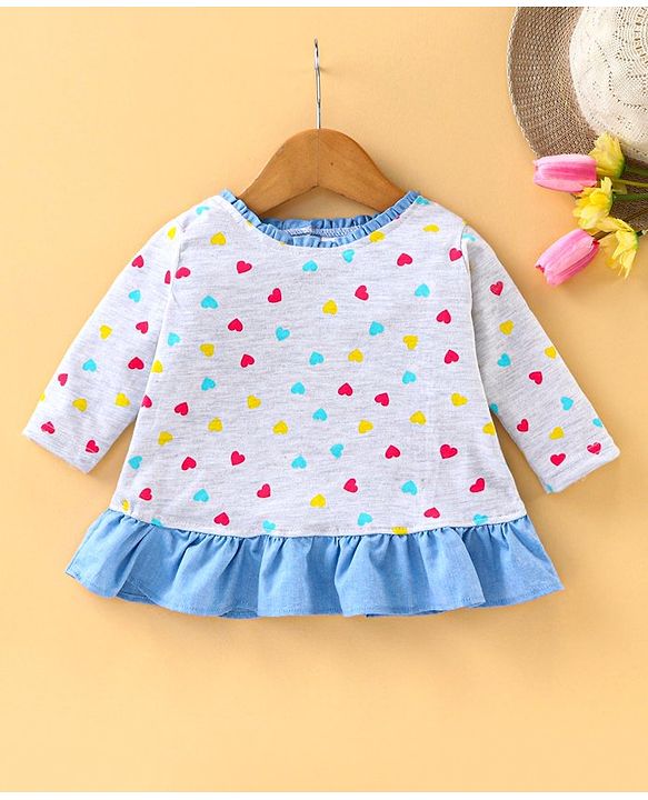 Babyhug Full Sleeves Top Hearts Print - White Melange