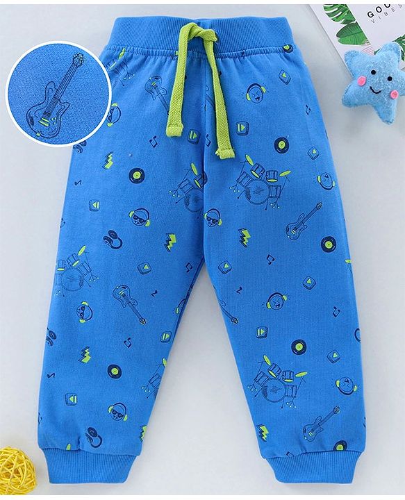 Babyhug Full Length Lounge Pant With Drawstring Guitar Print - Blue