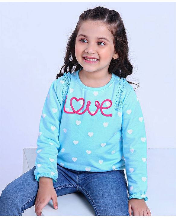 Babyhug Full Sleeves Sweatshirt Text Embroidery & Frill Detailing - Blue