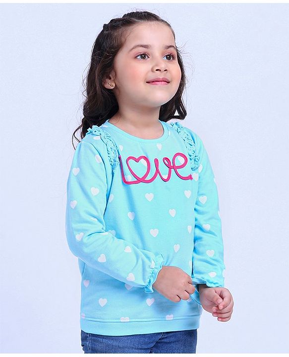 Babyhug Full Sleeves Sweatshirt Text Embroidery & Frill Detailing - Blue