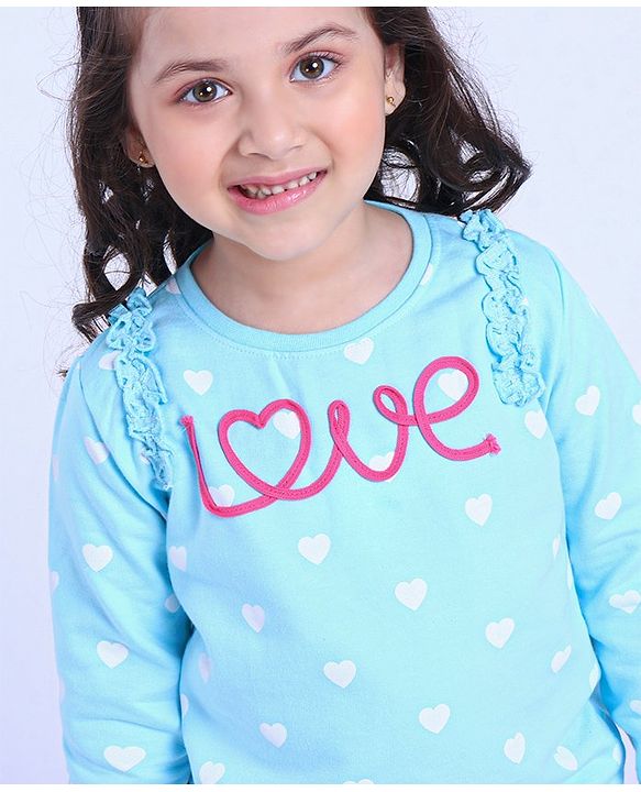 Babyhug Full Sleeves Sweatshirt Text Embroidery & Frill Detailing - Blue