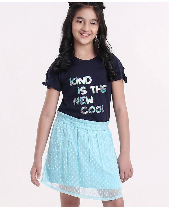 Pine Kids Half Sleeves Top & Skirt Set Text Print - Blue