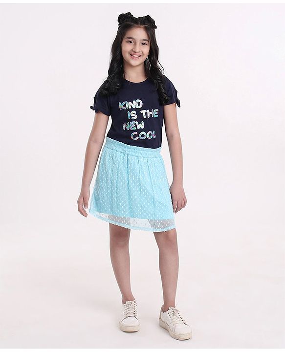 Pine Kids Half Sleeves Top & Skirt Set Text Print - Blue