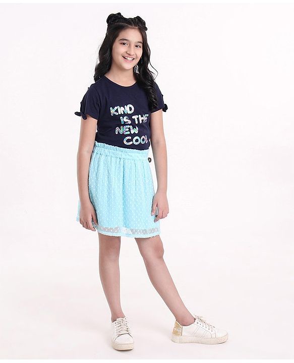 Pine Kids Half Sleeves Top & Skirt Set Text Print - Blue