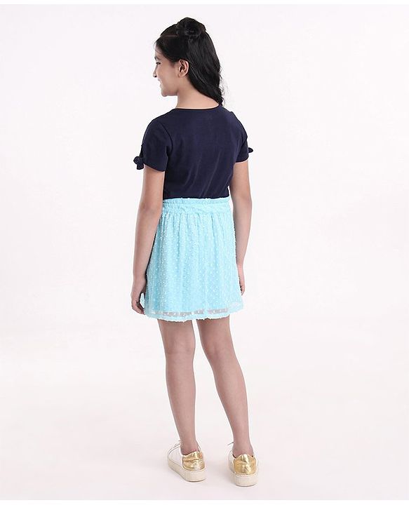 Pine Kids Half Sleeves Top & Skirt Set Text Print - Blue
