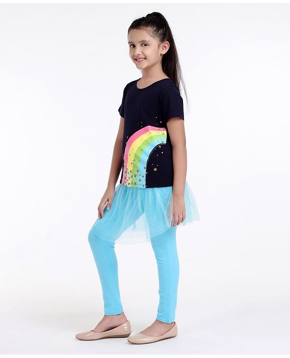 Pine Kids Half Sleeves Tee and Skeggings Set Rainbow Print - Blue