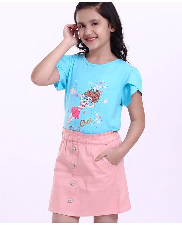 Pine Kids Half Sleeves Top & Skirt Cartoon Graphic - Pink & Blue